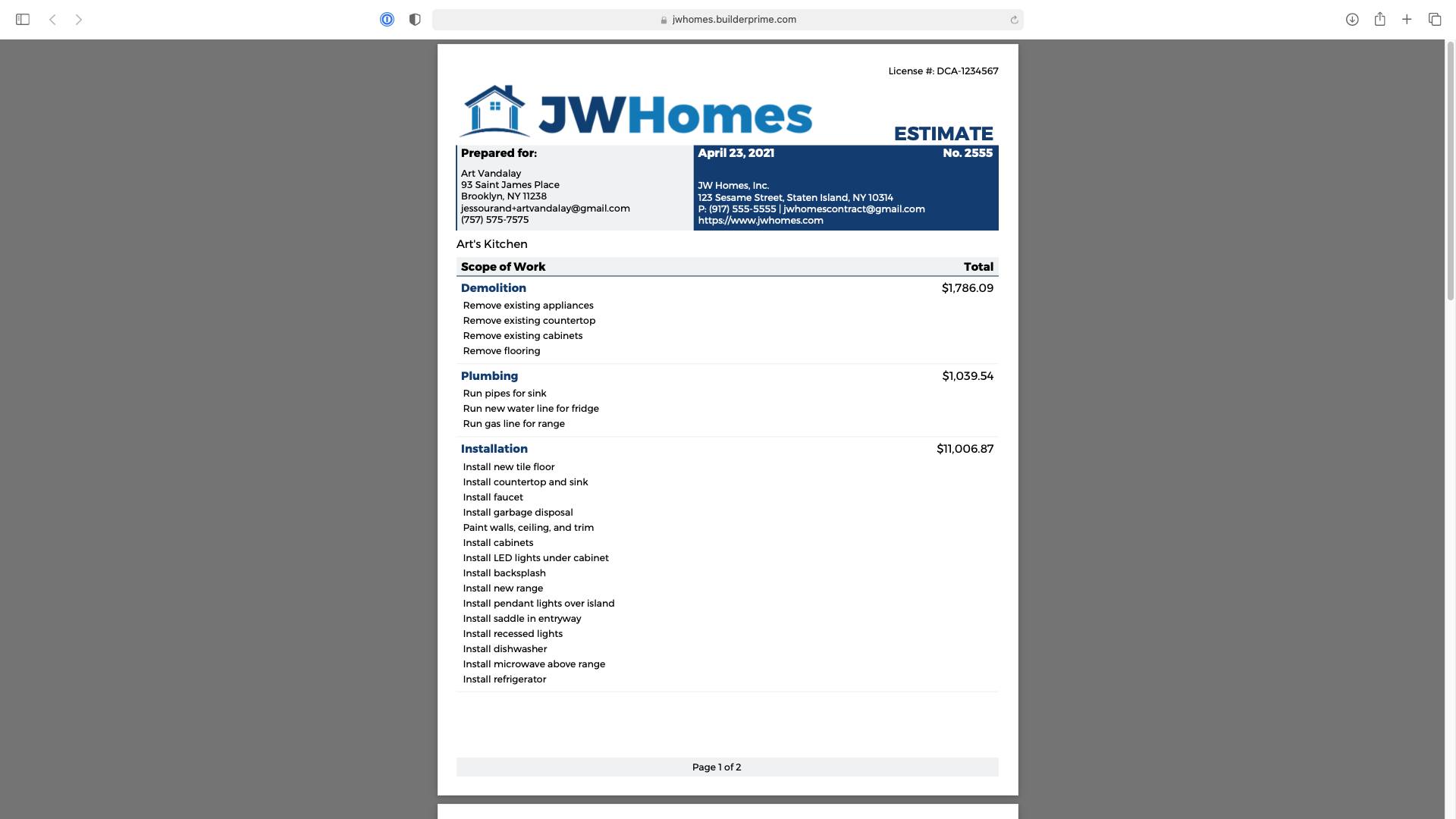 Builder Prime Software - An example of a PDF proposal generated by the system. Customize the level of detail shown on the contracts. It's up to you to show a single price for the whole job or pricing at the most detailed levels.