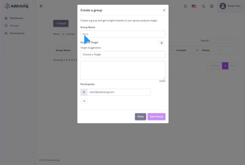 Addvising screenshot: Addvising creating groups