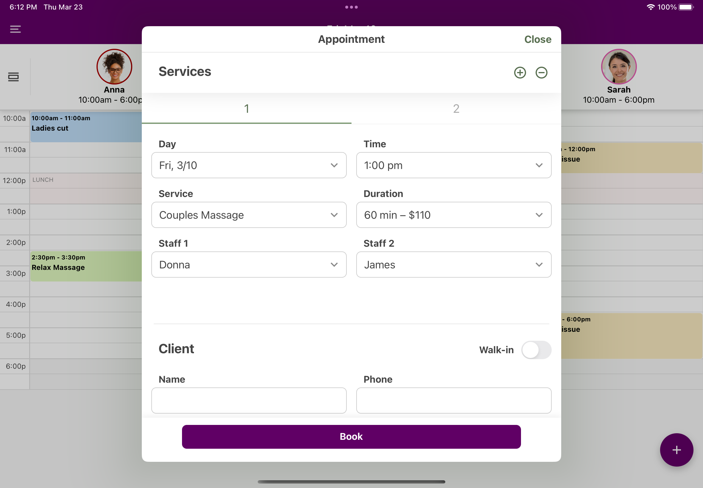 The appointment popup window. When a staff member begins to add a new appointment, the system makes intellligent guesses and pre-selects the values to make the process as simple and painless as possible.