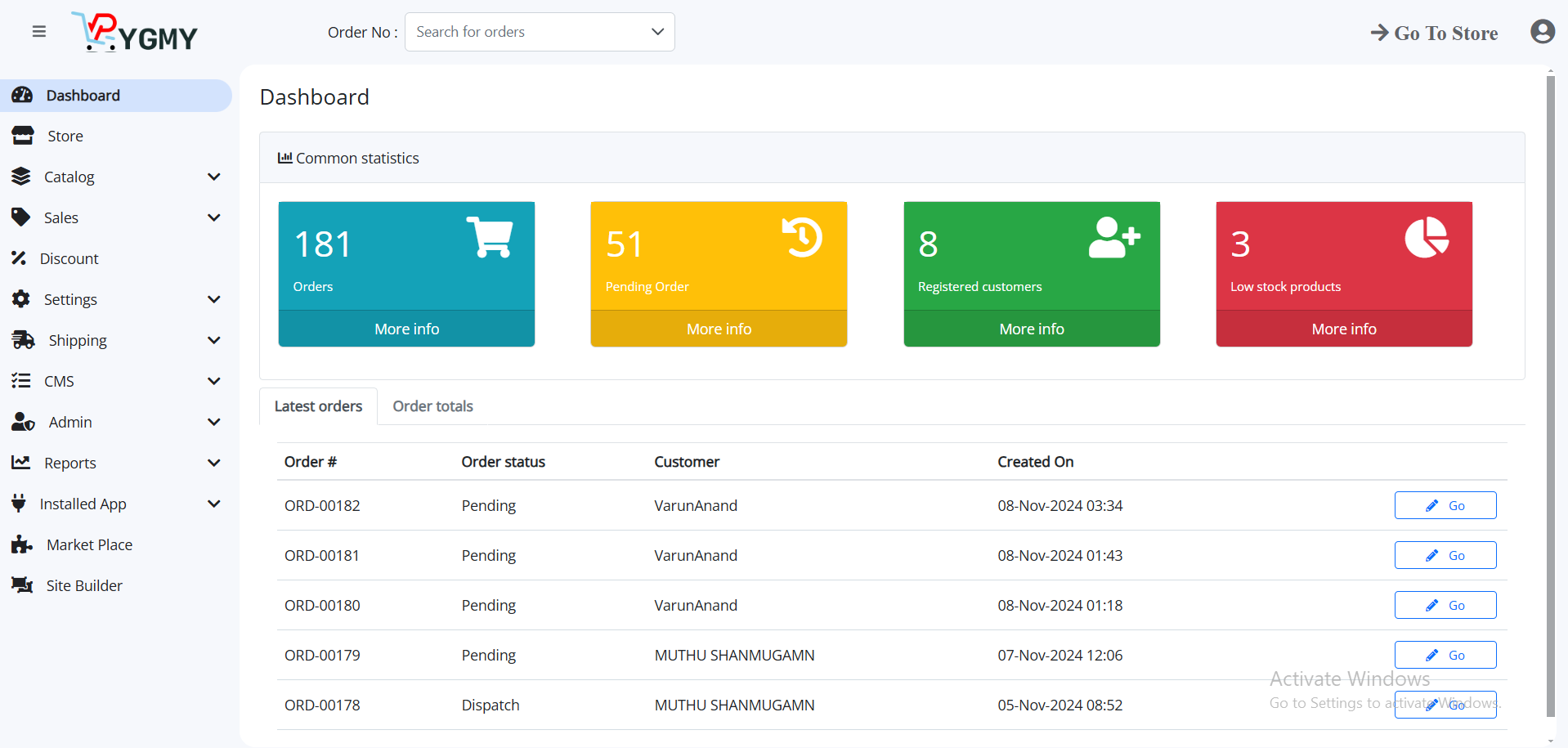 PYGMY screenshot: The Pygmy Commerce Dashboard offers a user-friendly interface to track key e-commerce metrics like orders, pending tasks, customer registrations, and inventory health. It includes real-time updates, detailed order insights, and intuitive navigation for ef