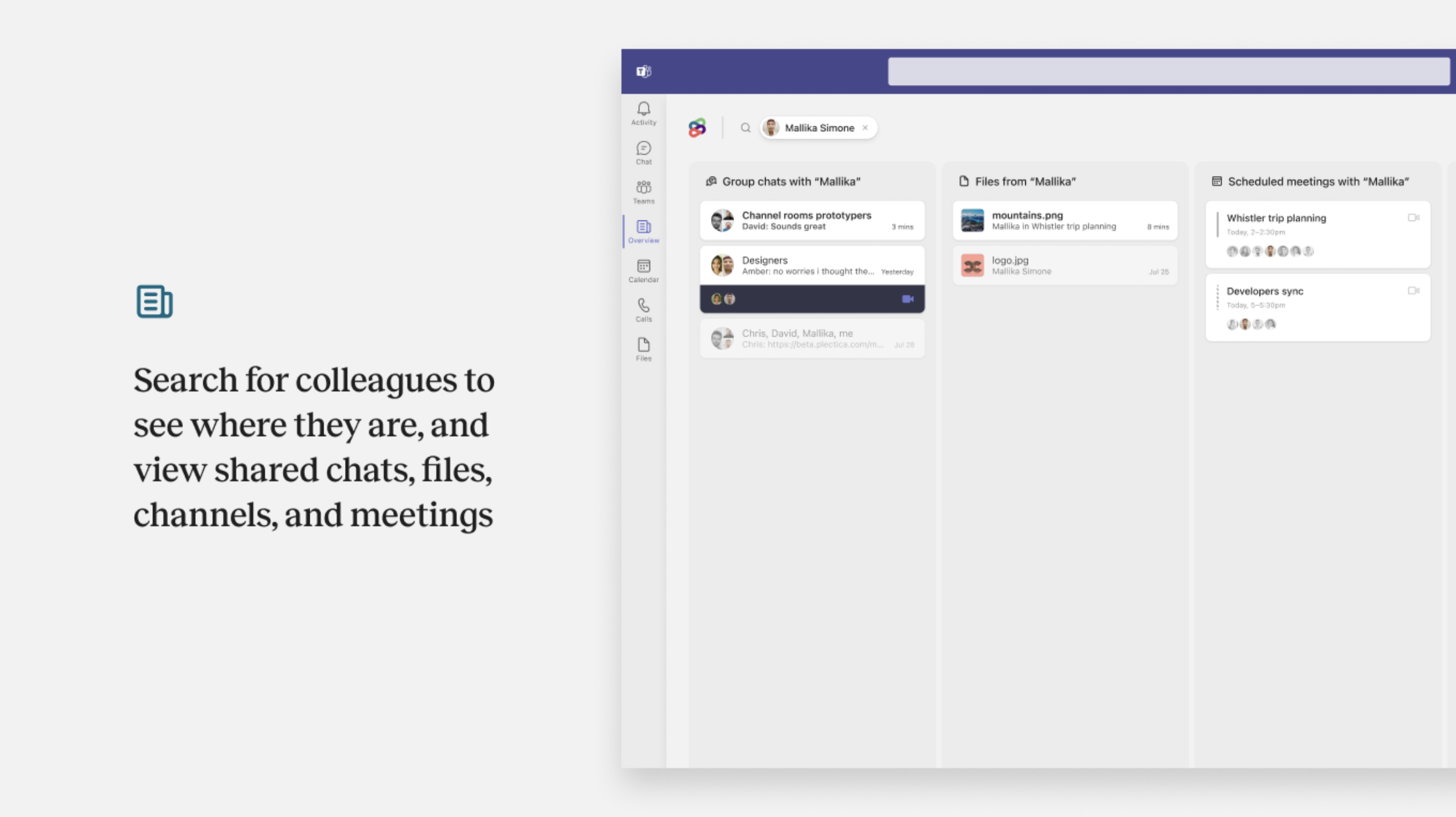 Frameable Overview Software - Quickly search for colleagues to see chats, files, channels, etc.