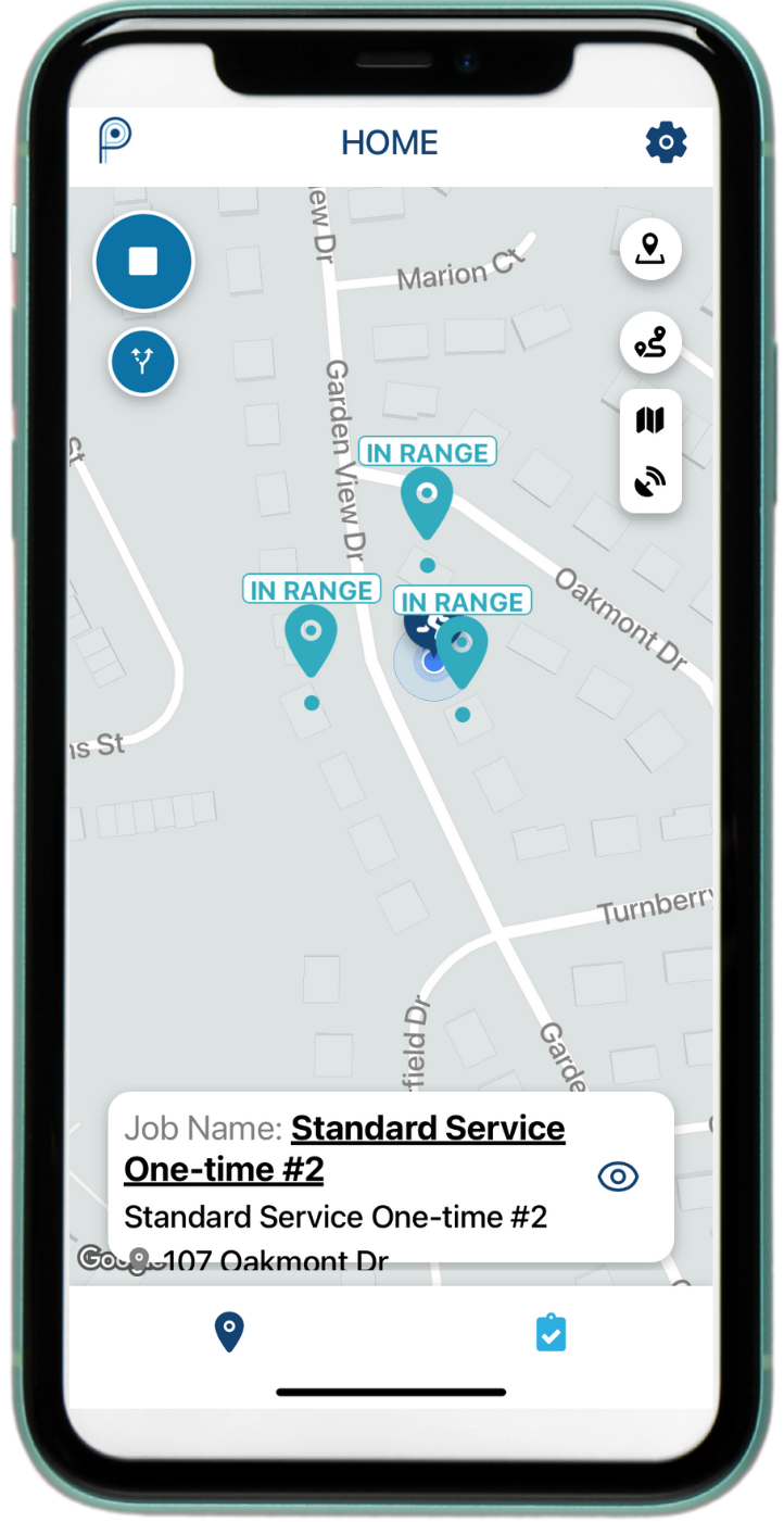 ProValet Technician App GPS Tracking and Route Optimization. Shows when the technician is within range to start the job. There is an option to look at the map in satellite view for easier identification