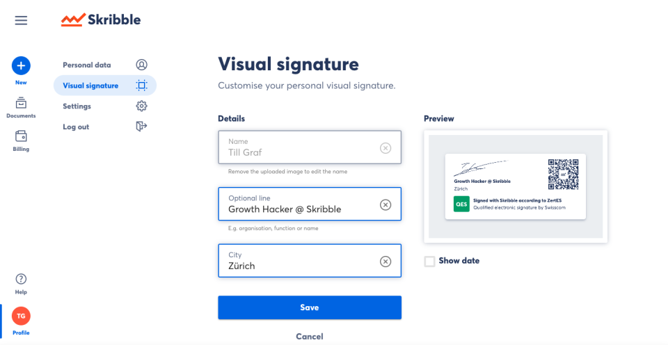 Skribble screenshot: Skribble visual signature