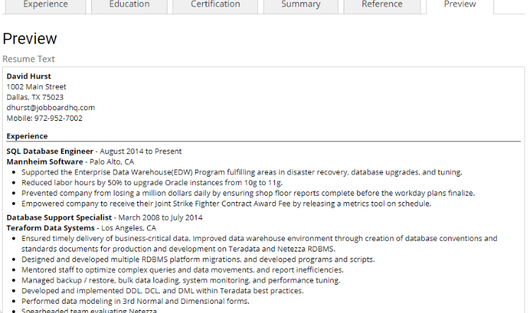 JobBoardHQ resume options screenshot