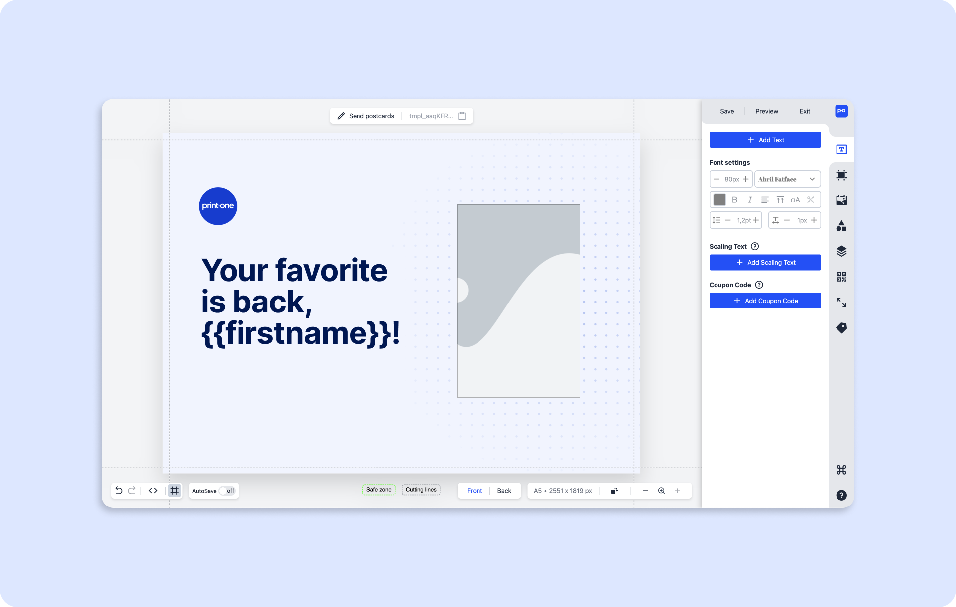Print.one screenshot: Design your postcards and letters in an intuitive design editor.
