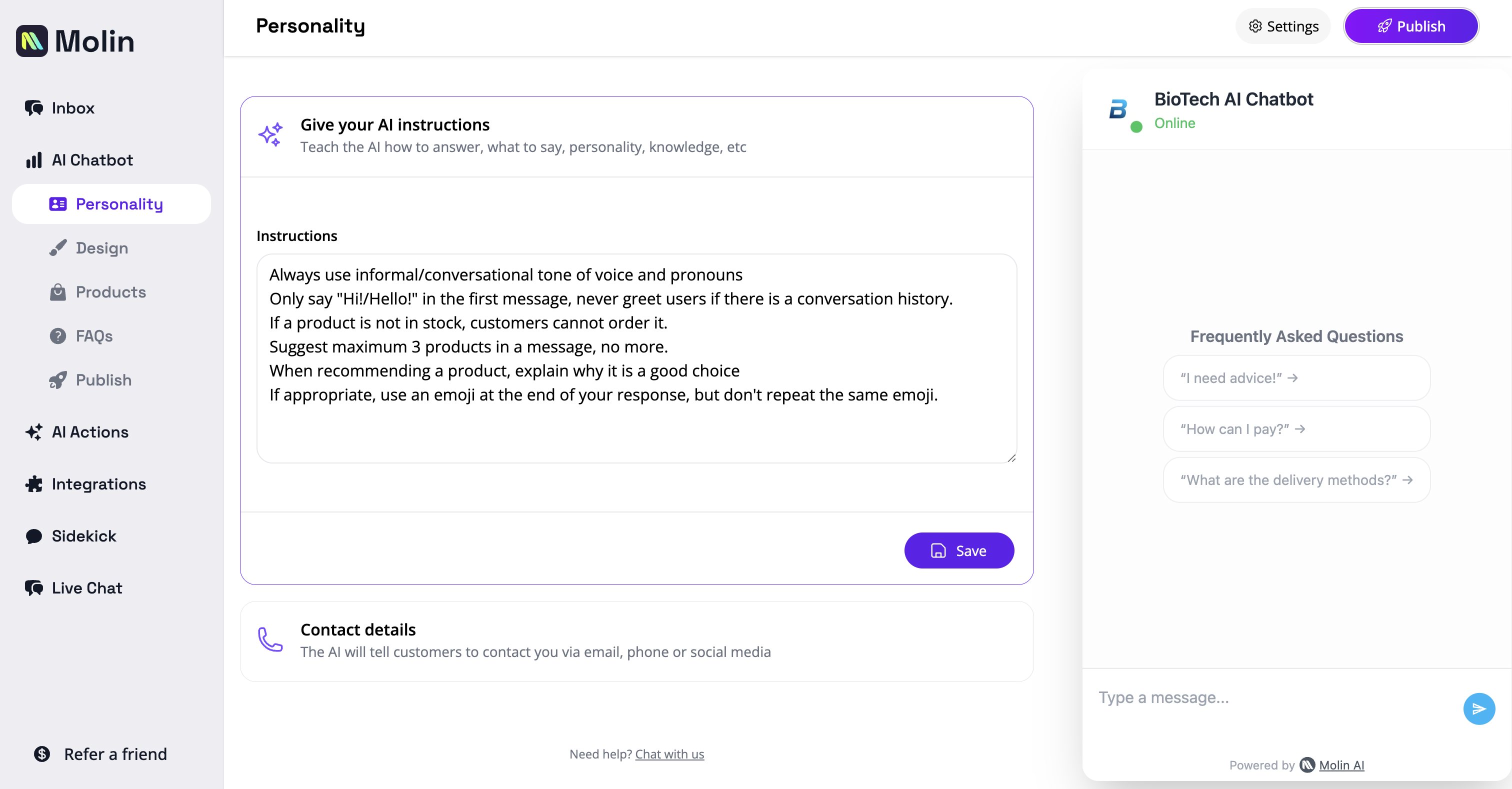 Molin Software - Personality: Give your AI a personality, teach it how to respond, and provide contact details.