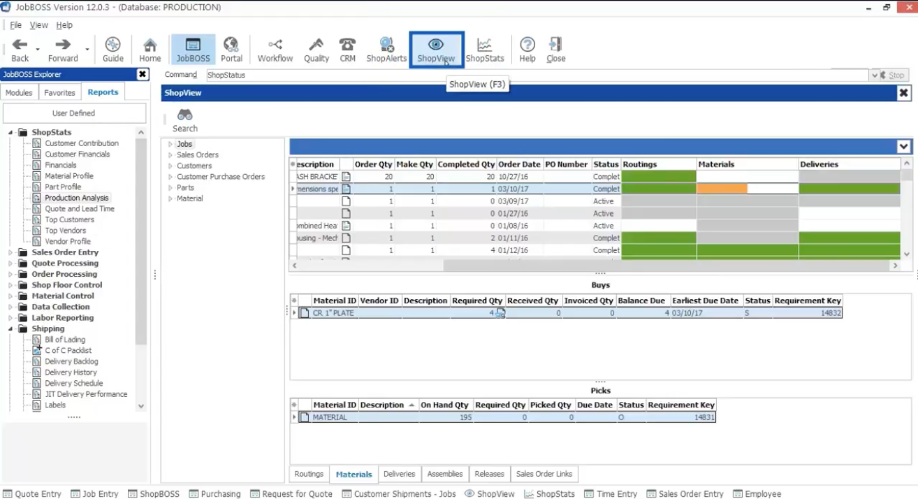 The ShopView tab provides a snapshot of sales orders, jobs and item activities