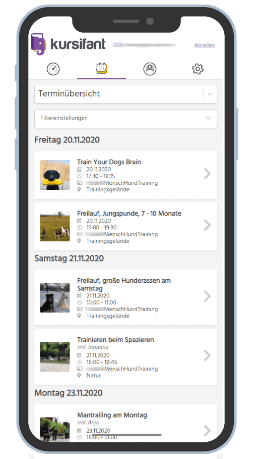 kursifant screenshot: Event listing
