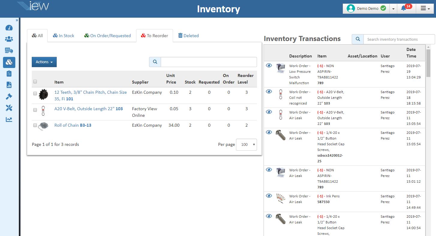 FactoryViewOnline view inventory and inventory transactions