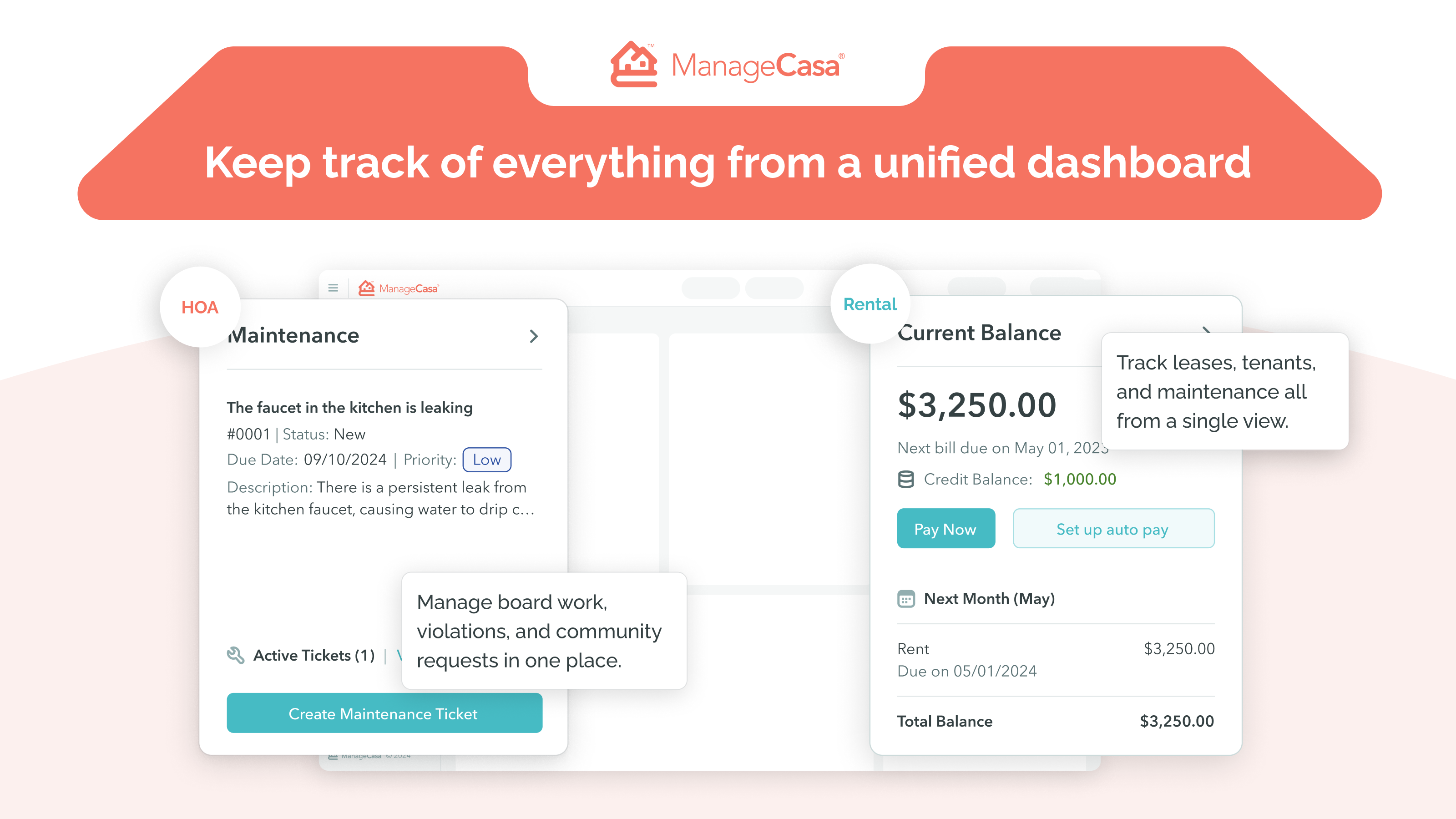 ManageCasa screenshot: ManageCasa’s Unified Dashboard keeps everything in one place—income, expenses, leases, maintenance, and communications—so your whole operation stays organized and in sync.