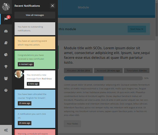 Enable LMS screenshot: Users can review updates, notifications and messages in Enable LMS