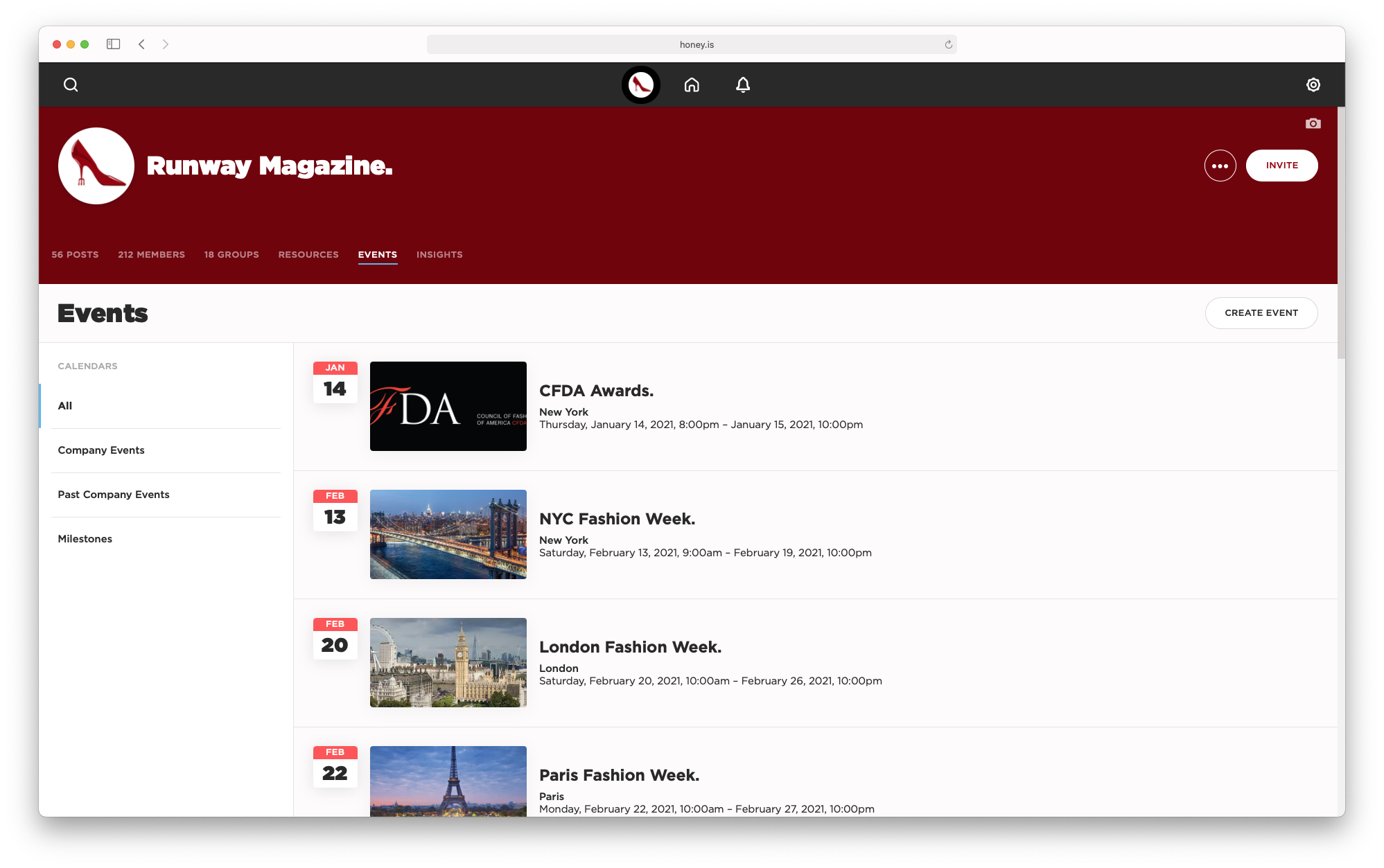 A centralized company calendar highlights upcoming events, birthdays, and work anniversaries.