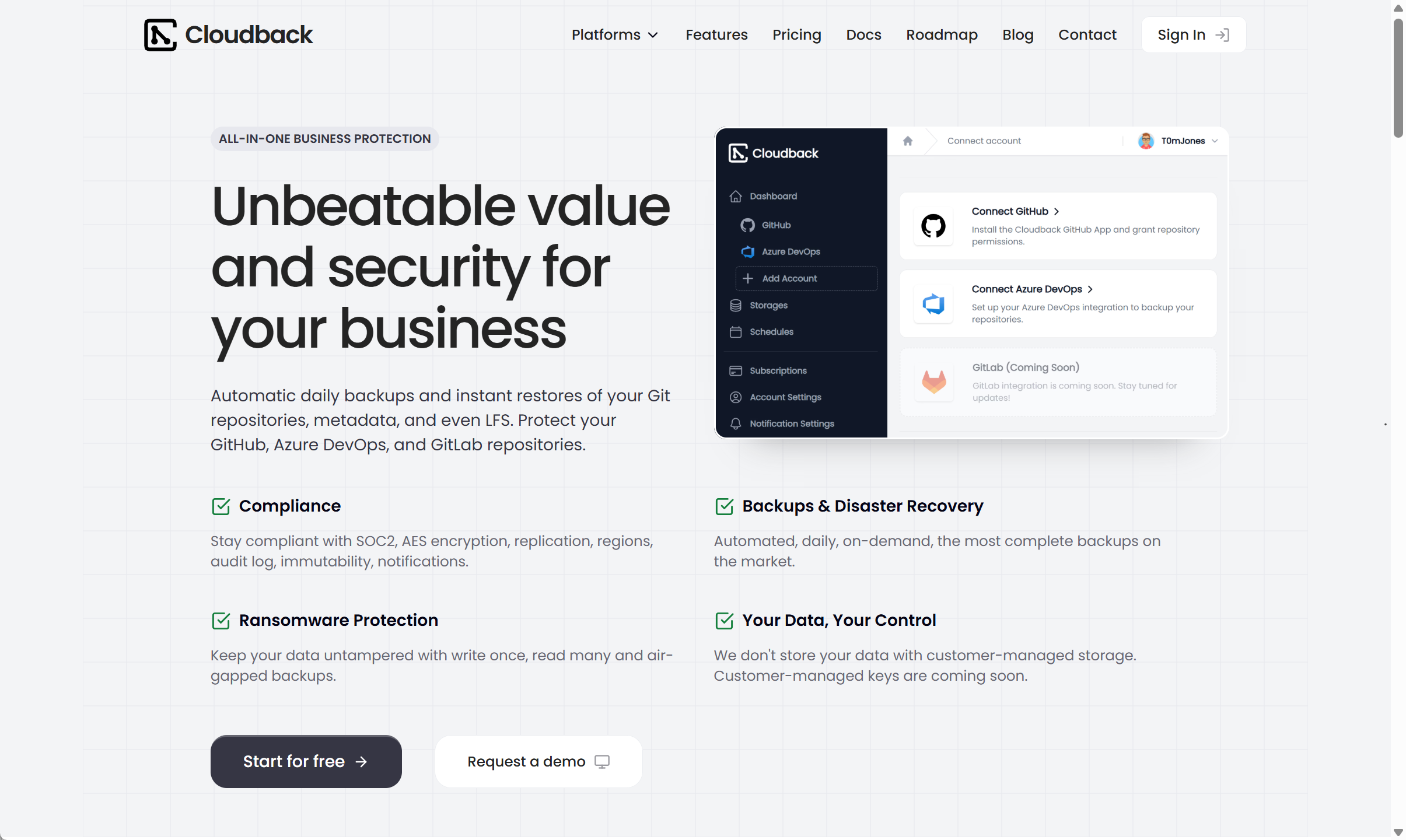Cloudback screenshot: Cloudback Landing page. Automatic daily backups and instant restores of your GitHub, GitLab and Azure DevOps repositories, metadata, and even LFS. Backup to any storage you want.