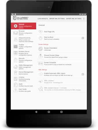 KioCloud screenshot: KioWare kiosk system software app for Android showing config options
