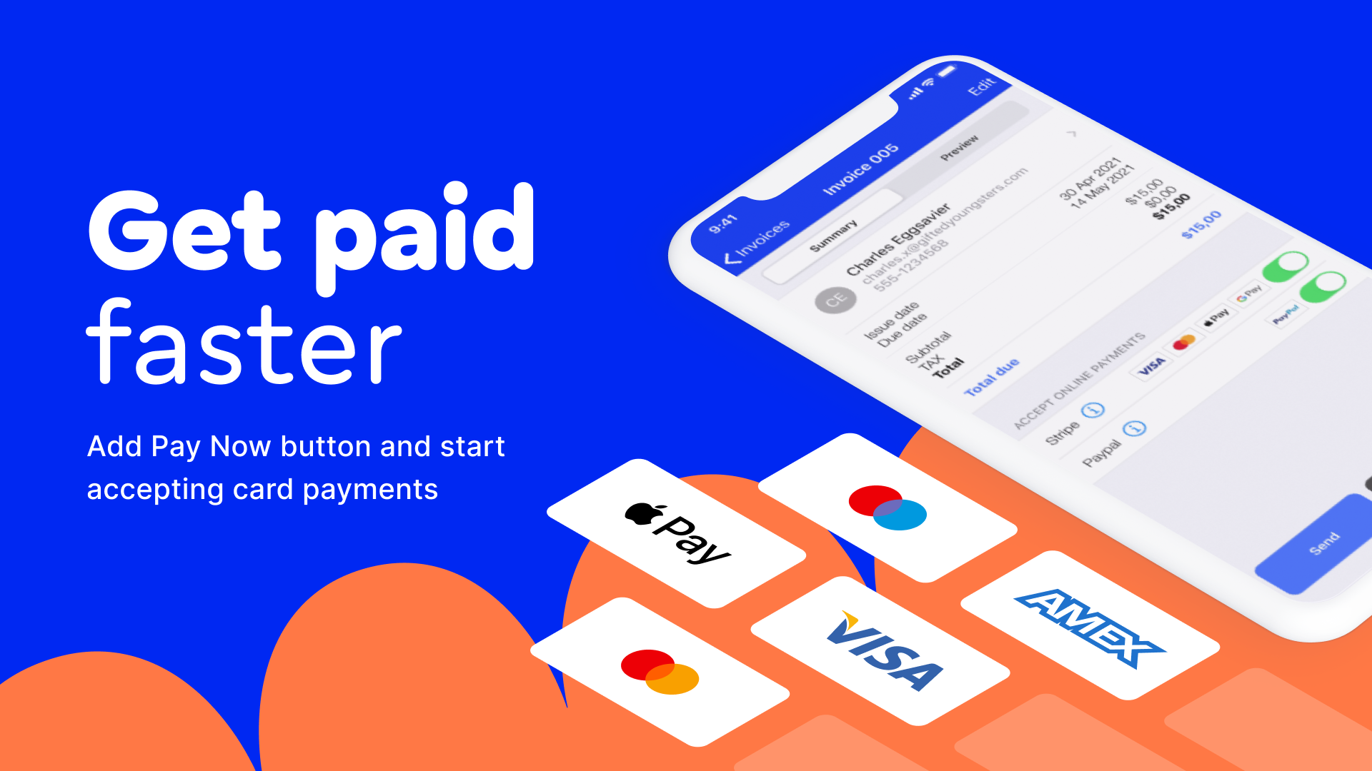 Get paid faster by accepting card payments on your invoices.
