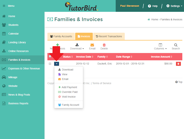 TutorBird screenshot: TutorBird invoice creation