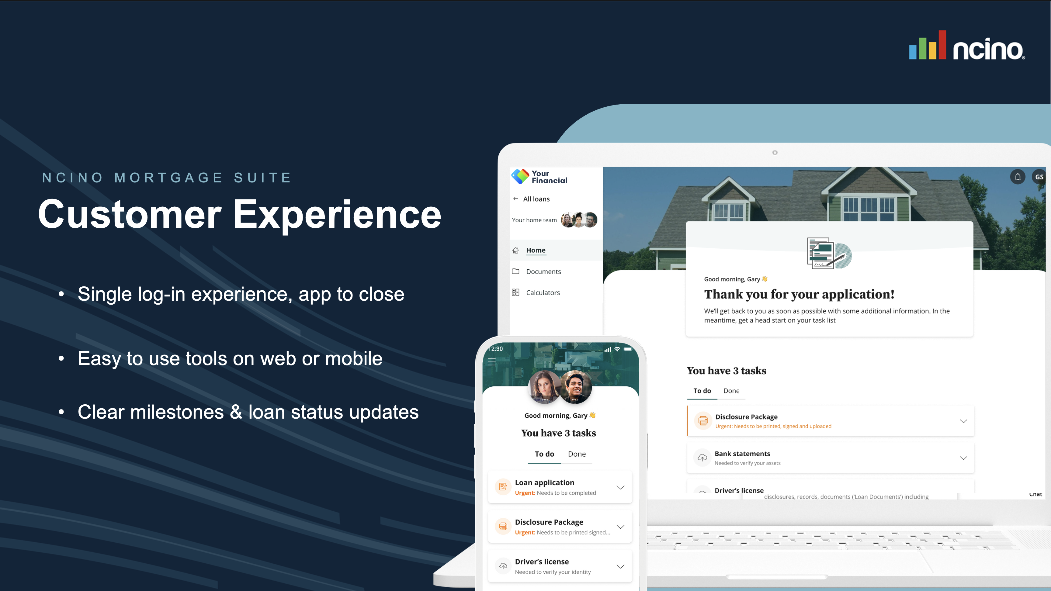 nCino’s Mortgage Suite screenshot: A single log-in experience for your borrowers from loan application to closing.