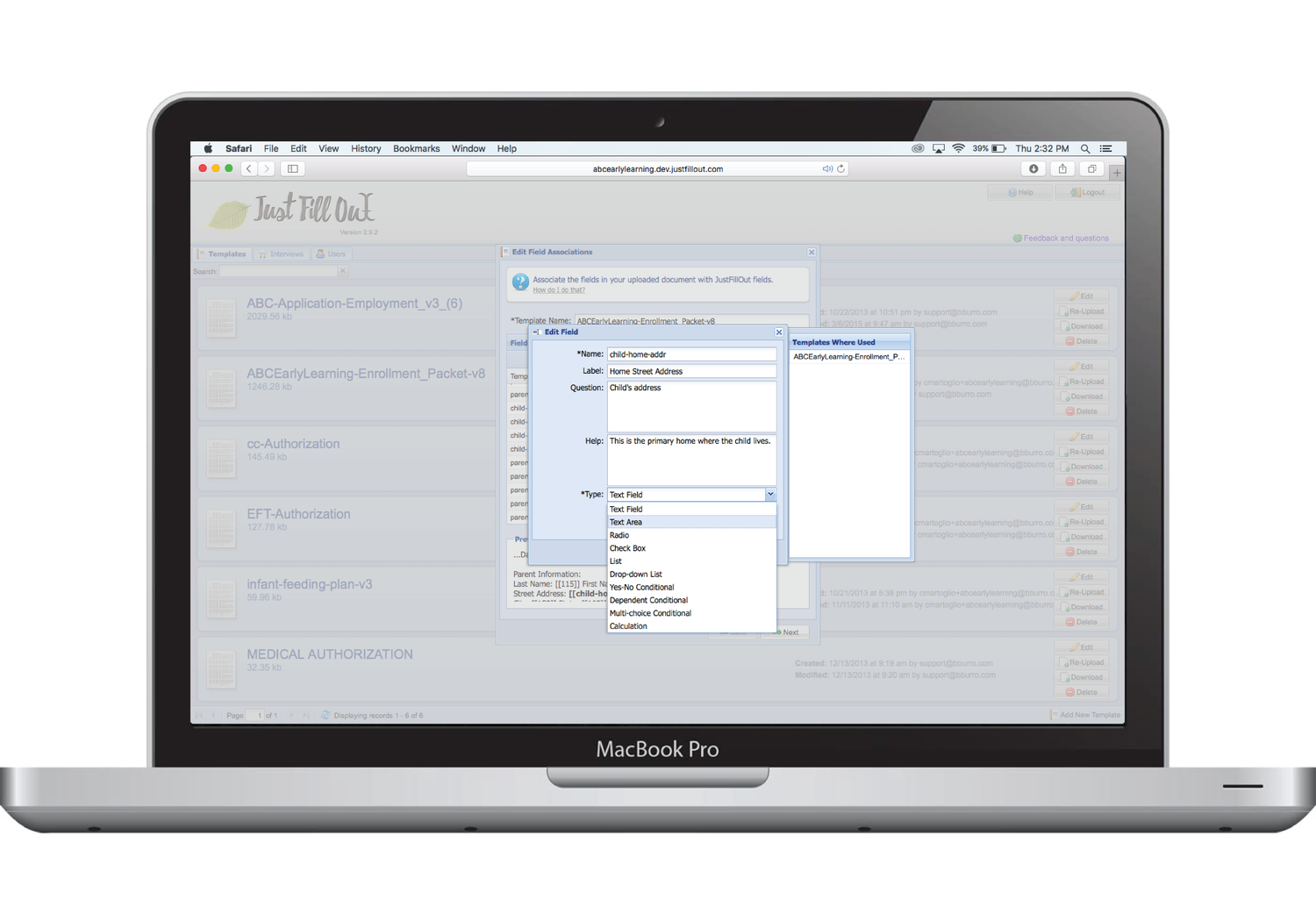 ChildCareFORMS screenshot: Users can create custom form questions with a range of response types