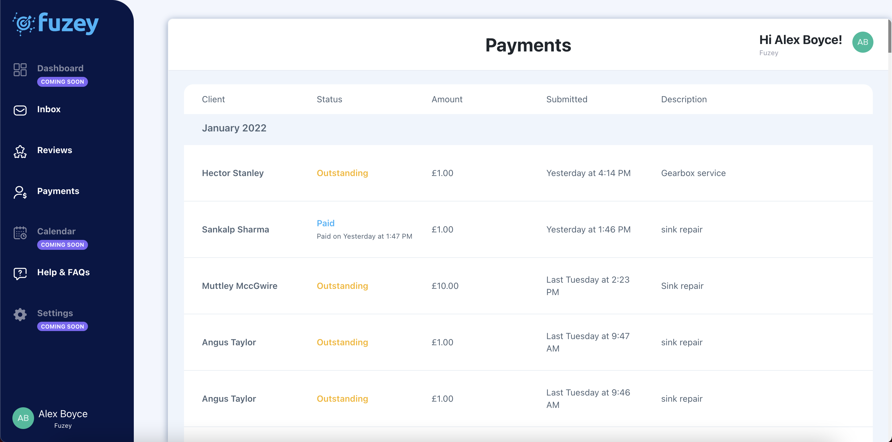 Fuzey Software - Payments | Dashboard