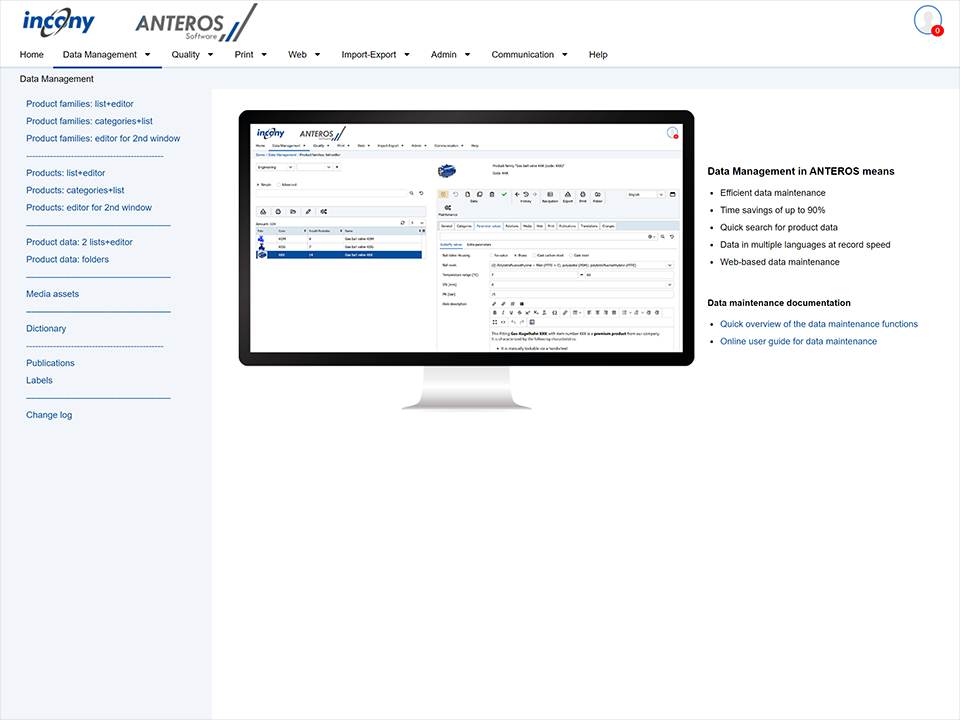 ANTEROS screenshot: ANTEROS data management