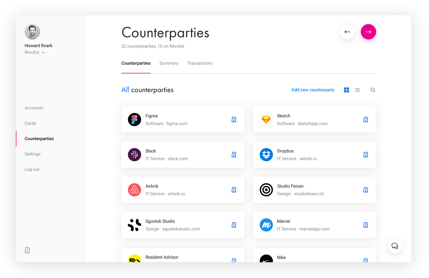 Revolut for Business managing counterparties