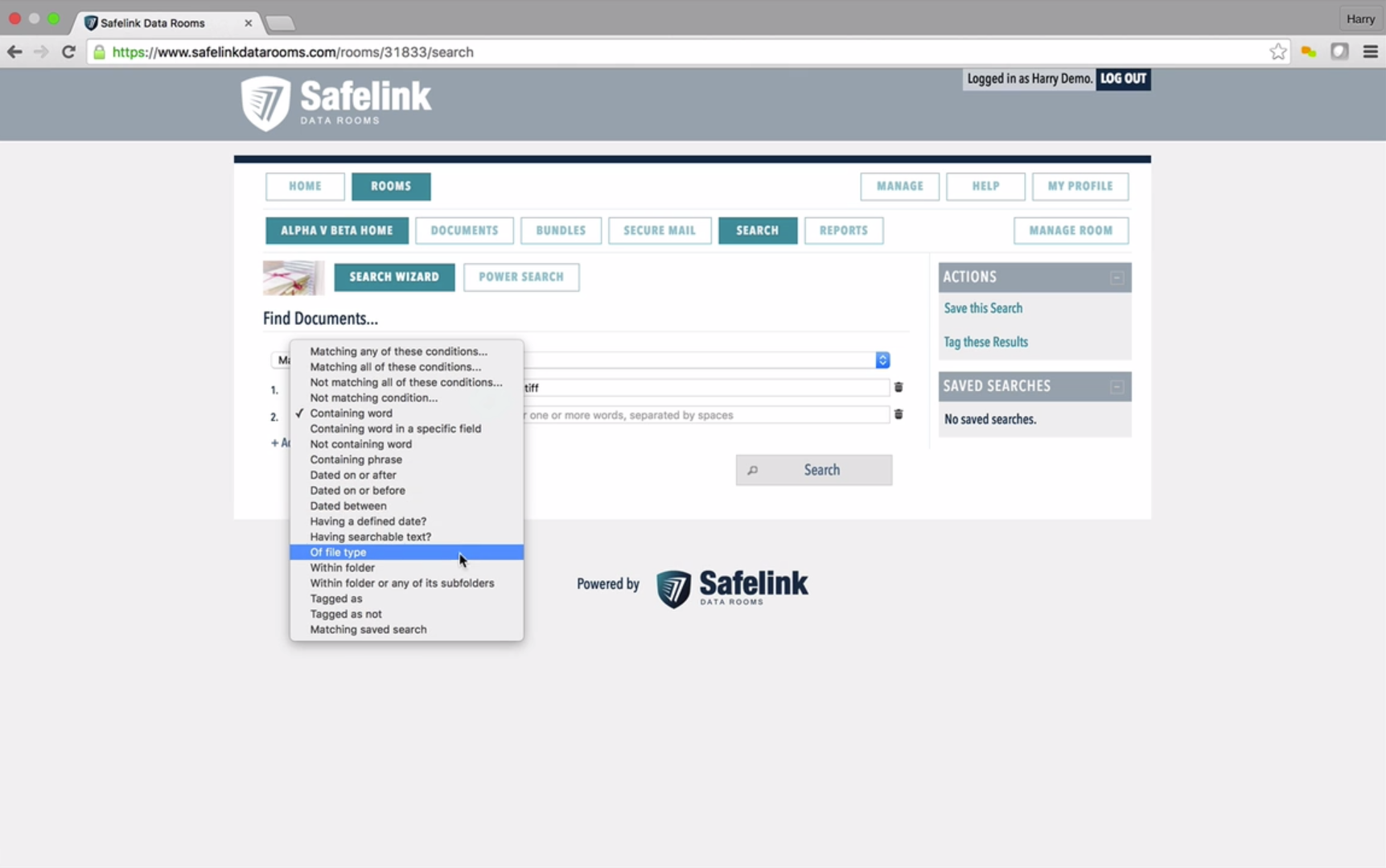 Safelink Data Rooms Software - A drop-down menu of search conditions