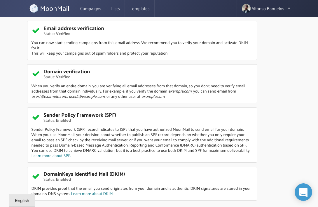 MoonMail Software - Domain verification, SPF and DKIM setup