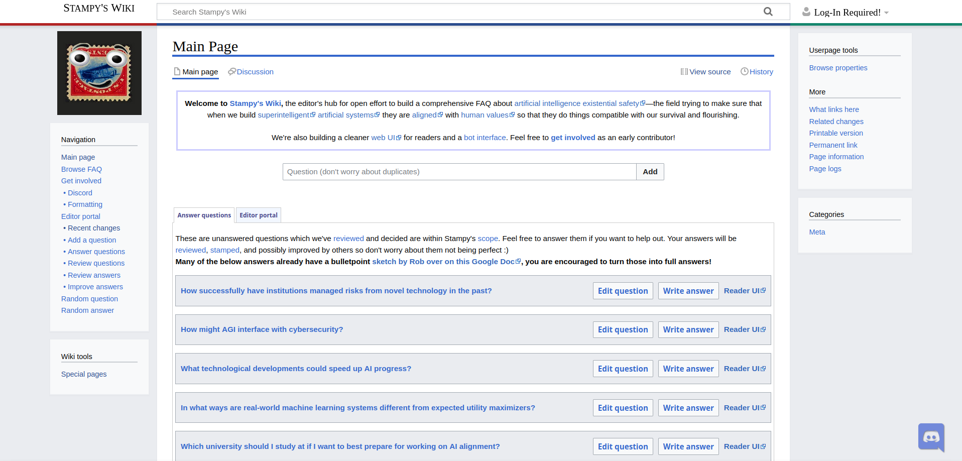 A public and open wiki about AI safety questions. It uses the default ProWiki theme and has Single Sign-On via Discord. https://wiki.stampy.ai