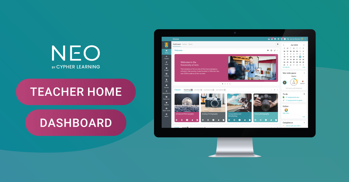 NEO LMS Software - Teacher Home Dashboard