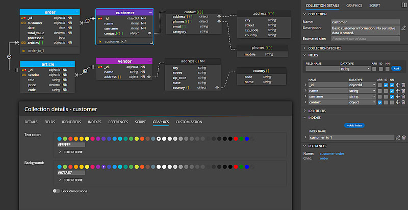 Moon Modeler screenshot: MongoDB diagram created in Moon Modeler
