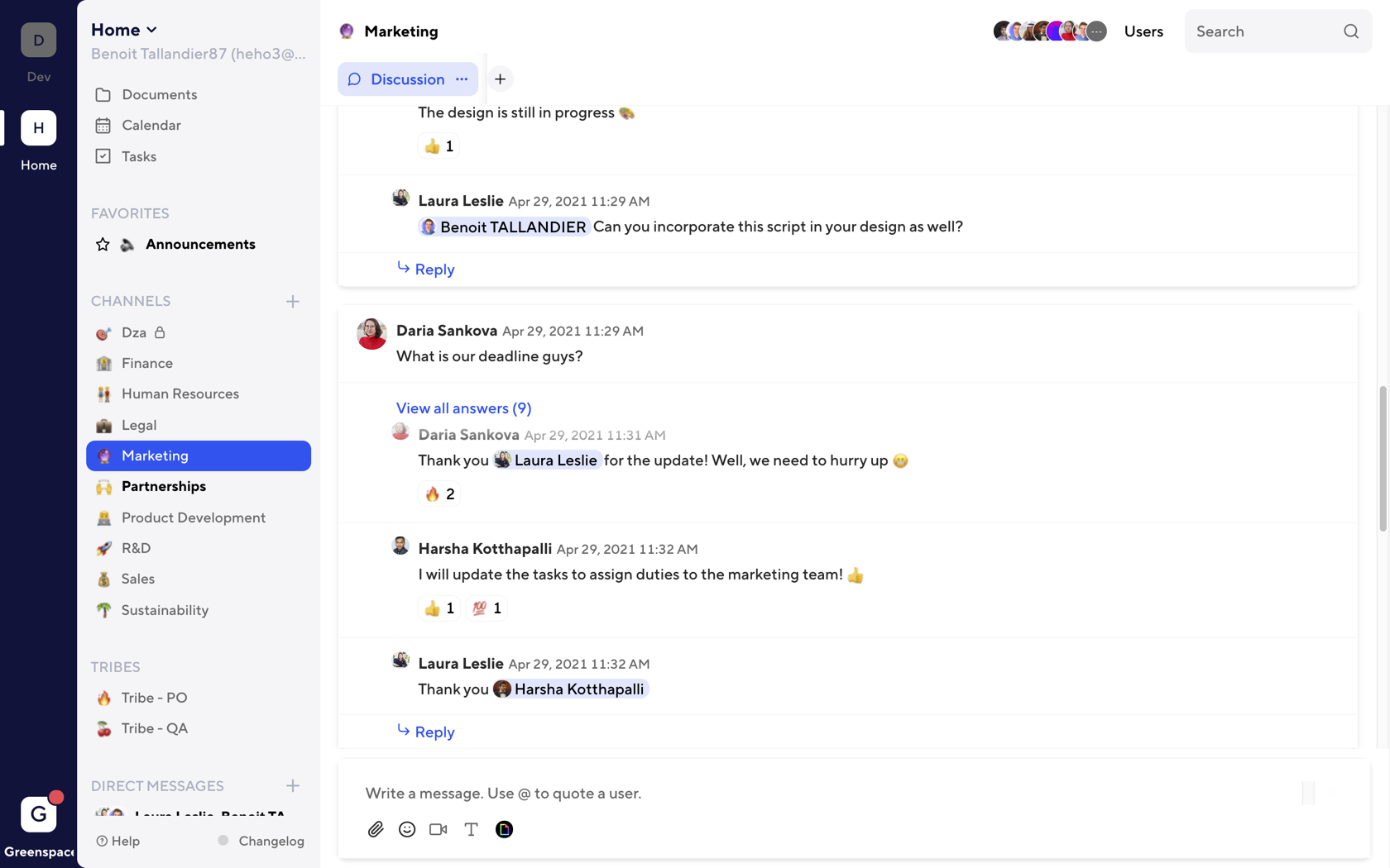 Twake screenshot: Communicate with your team in Channels or Direct Chats