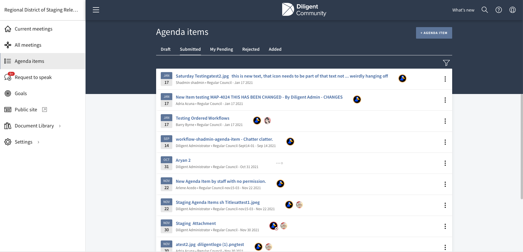 Agenda items page allows to monitor the progress of an agenda item from submitted to pending, then approved or rejected.
