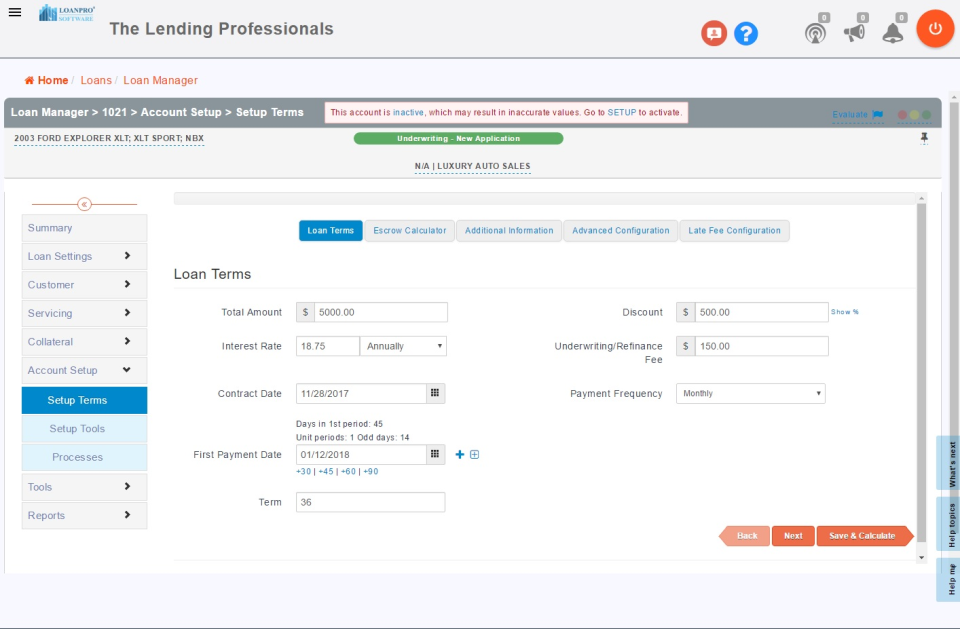 Setup and edit loan terms, interest rates, payment dates, and more