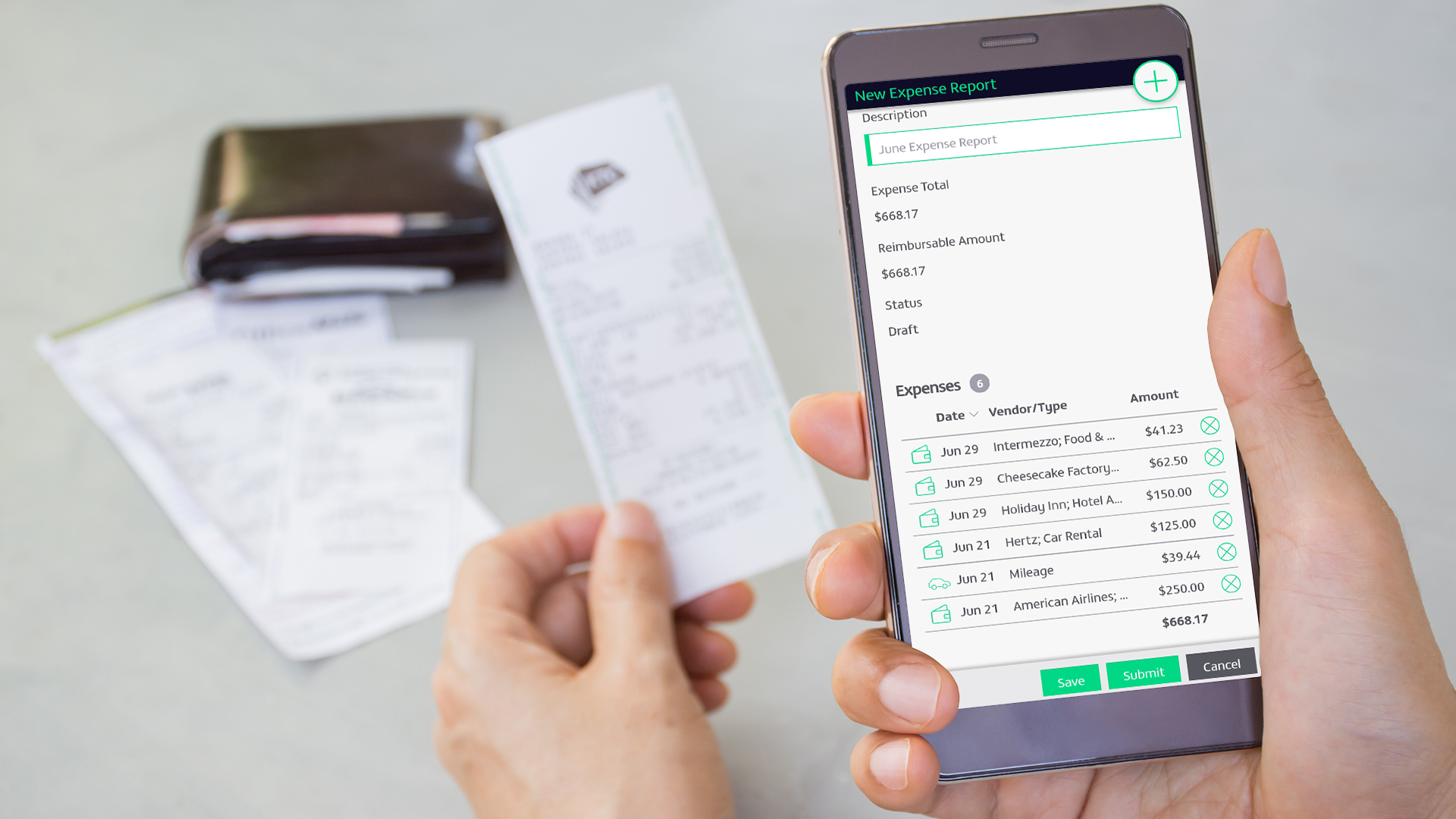 Submit: Gather your expenses for reimbursement and those on your corporate credit card, and submit as an expense report for approval: it couldn’t be easier