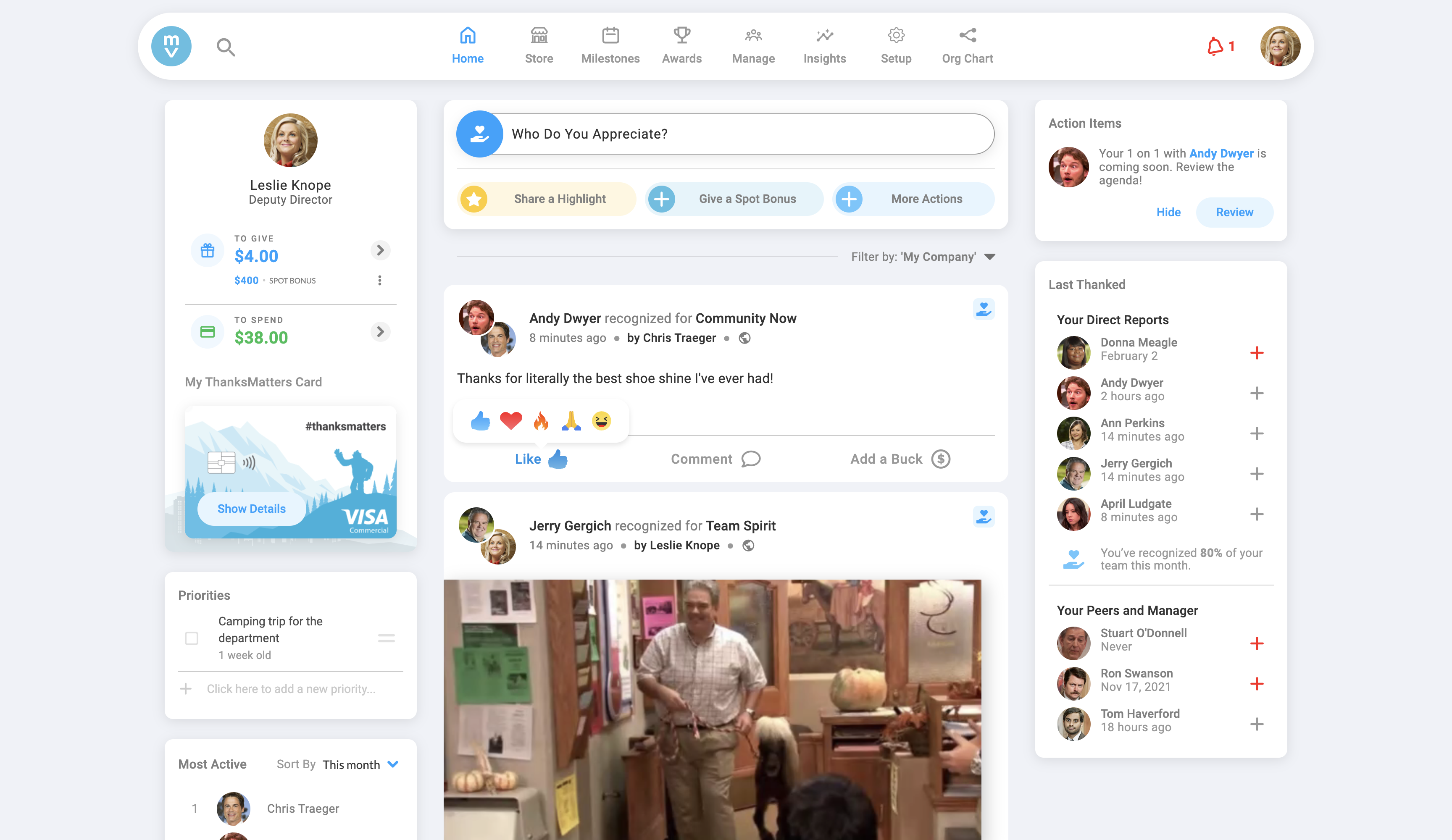 The public social feed of all the great things happening in your workplace. Peers can like, comment and connect with each other.