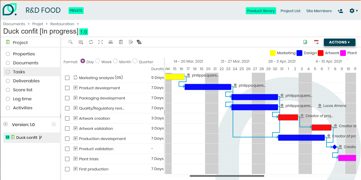 beCPG PLM screenshot: Project management and workflows