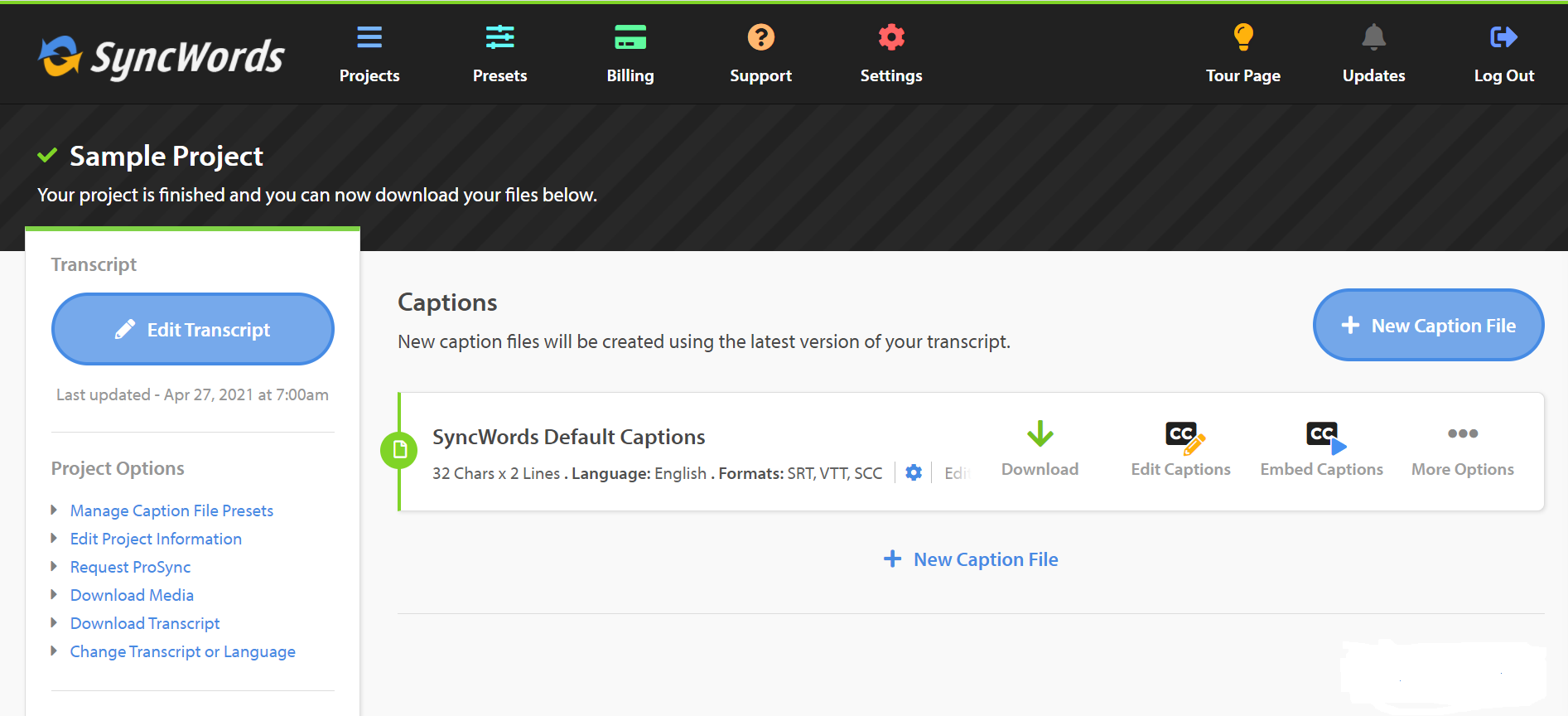 SyncWords screenshot: Log in to SyncWords to access your Dashboard. The Dashboard is the command central of your account, where you can view the statuses of your projects, search projects by keyword, and create new projects.