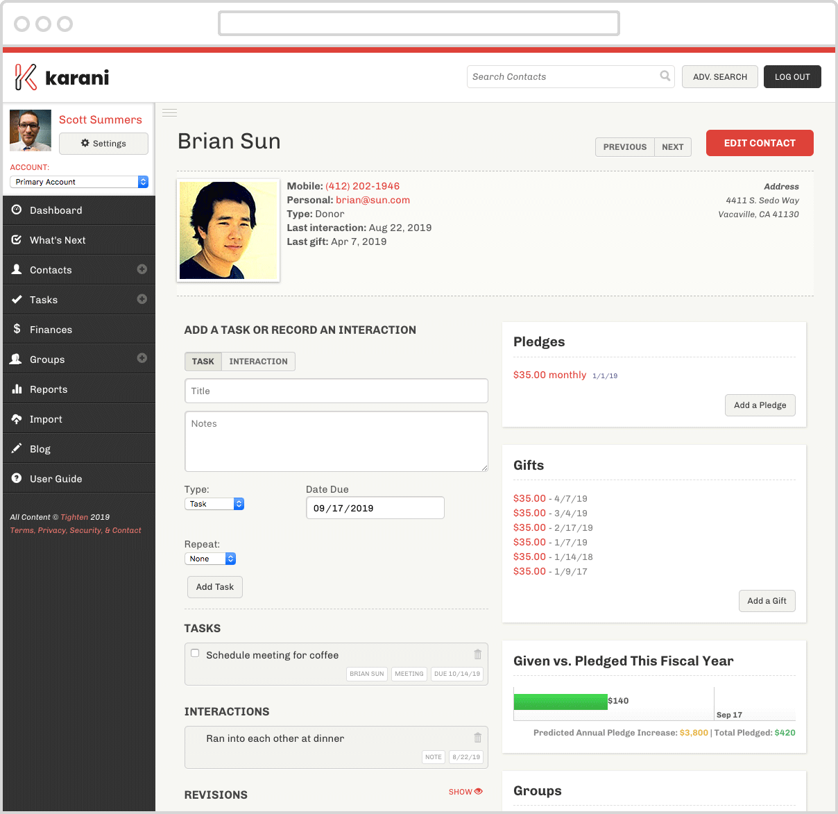 Karani screenshot: Donor Management - Give your contacts the attention they deserve.