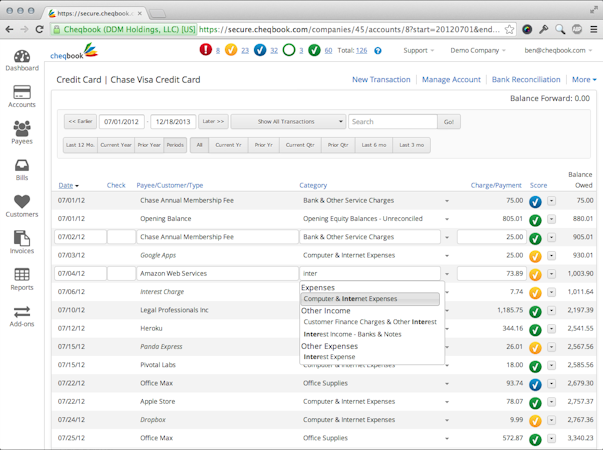 Cheqbook Accounting screenshot: Register