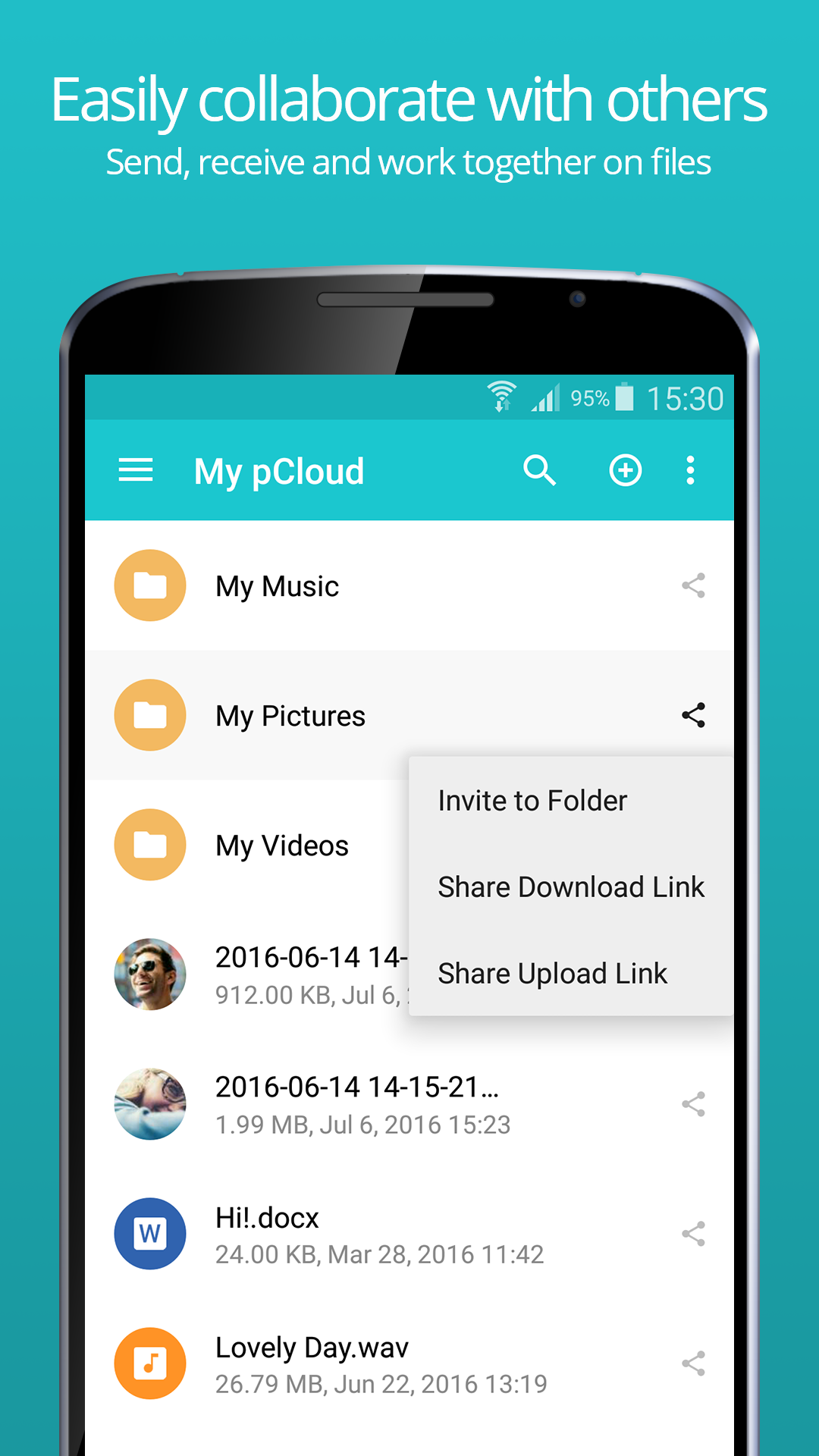 pCloud Business Software - Upload links, download links, and folder invites allow users to collaborate