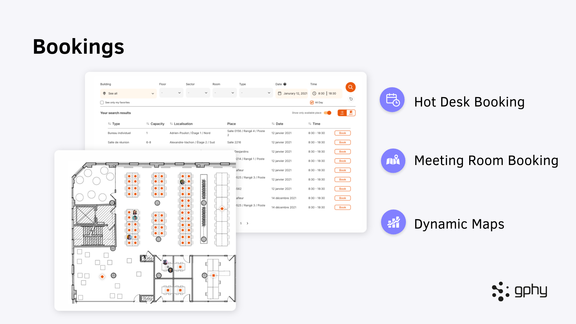 Users can book desks and meeting rooms directly through our interactive maps and our set of intuitive filters. Ensure your employees can always work in an environment that suits their needs.