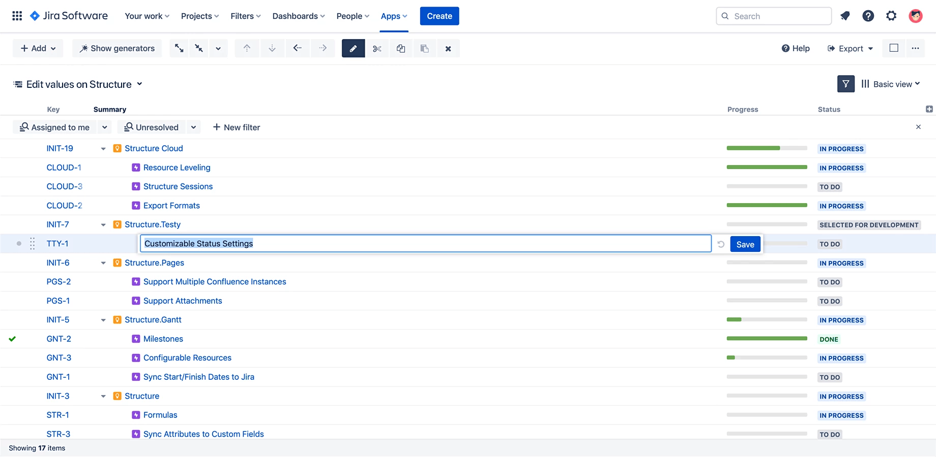 Edit values on the fly – Tired of editing one Jira issue at a time? Save time with in-line editing. Just double-click to edit a value directly in Structure. The changes are saved to the Jira issue instantly.