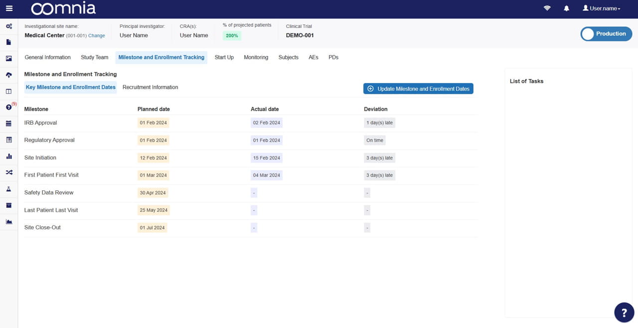 oomnia CTMS screenshot: oomnia CTMS is an integral part of our unified clinical research software. It automatically incorporates and analyzes data from other oomnia tools (EDC, RTSM, eTMF, ePRO, and eCOA), significantly saving time and money by reducing manual labour.