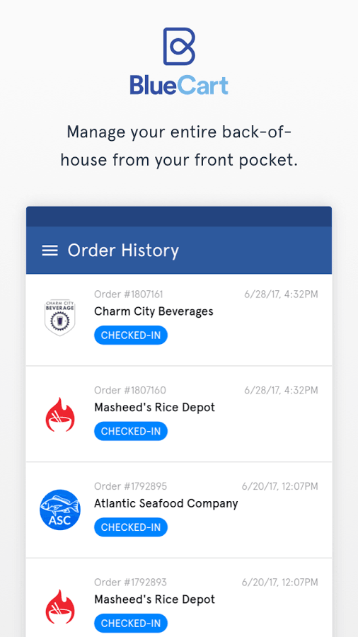 BlueCart Software - Order history is provided for all submitted orders, providing details on vendors, times, and dates