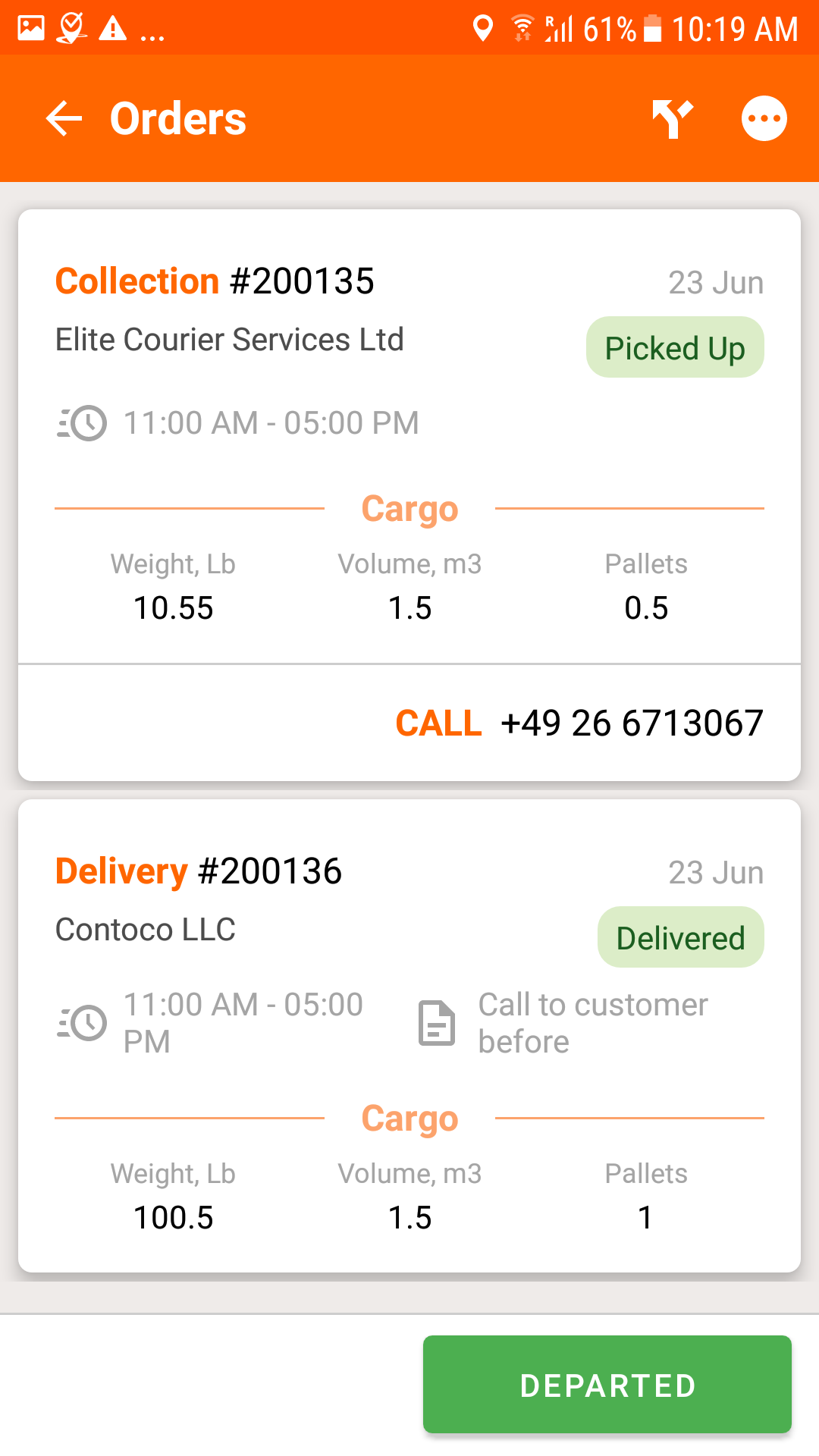 Driver app gets delivery and collection details