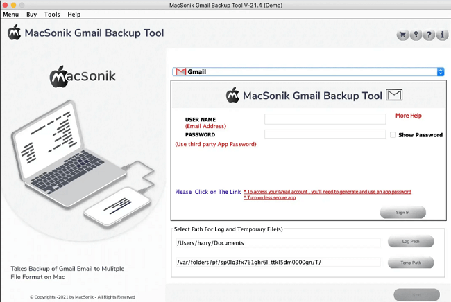 
MacSonik Gmail Backup Tool login page