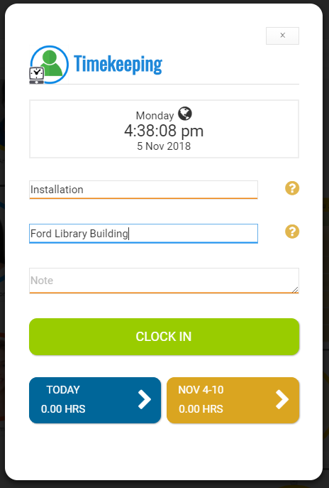 The timekeeping interface allows employees to track their time