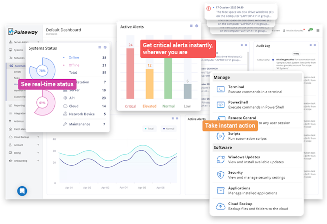 Pulseway screenshot: Monitoring and Management with Real Time System Status and Critical Alerts