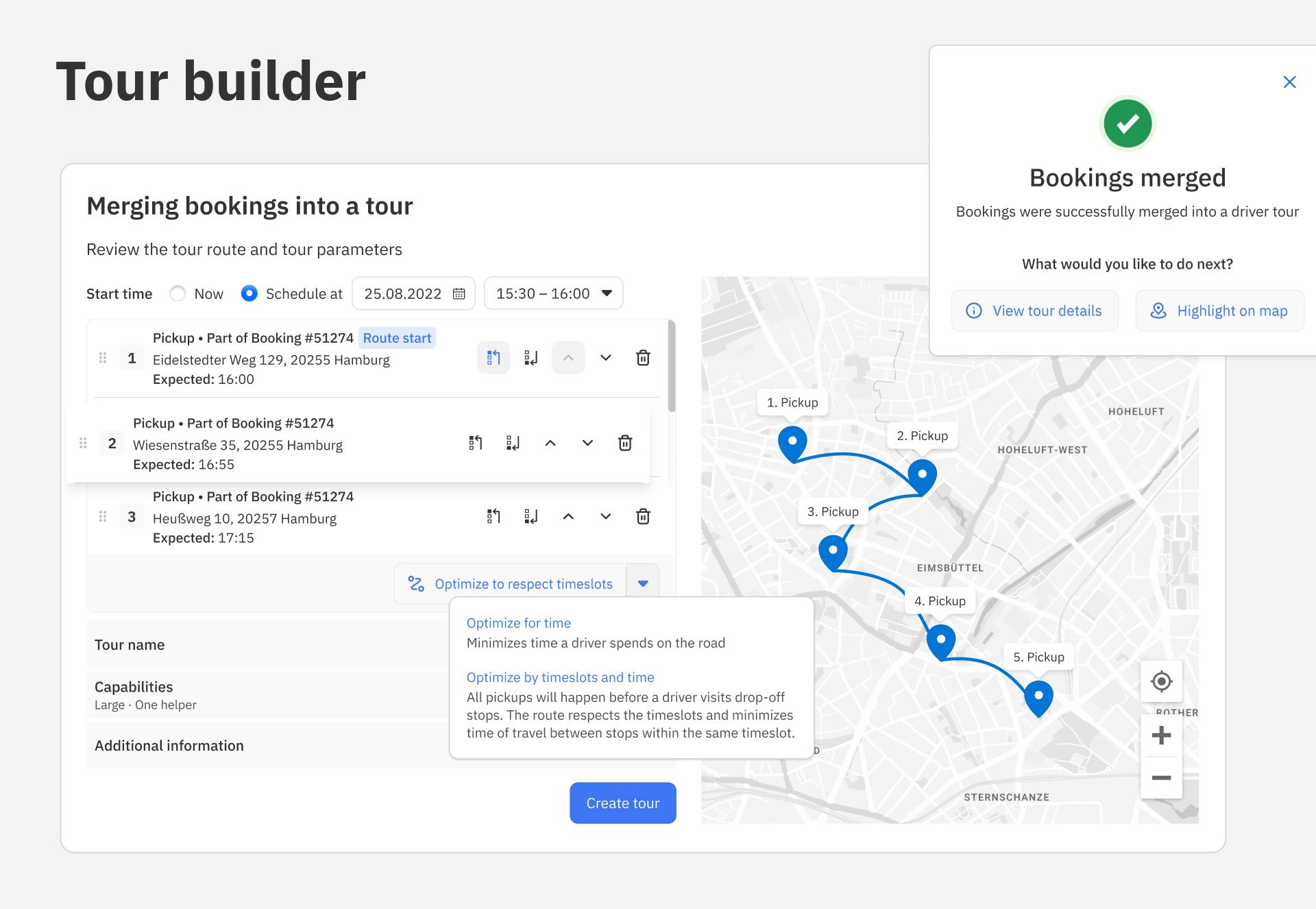 MotionTools Software - The Tour builder is a set of features that allows a Dispatcher to bundle multiple incoming jobs into optimized tours before handing it over to the workforce.