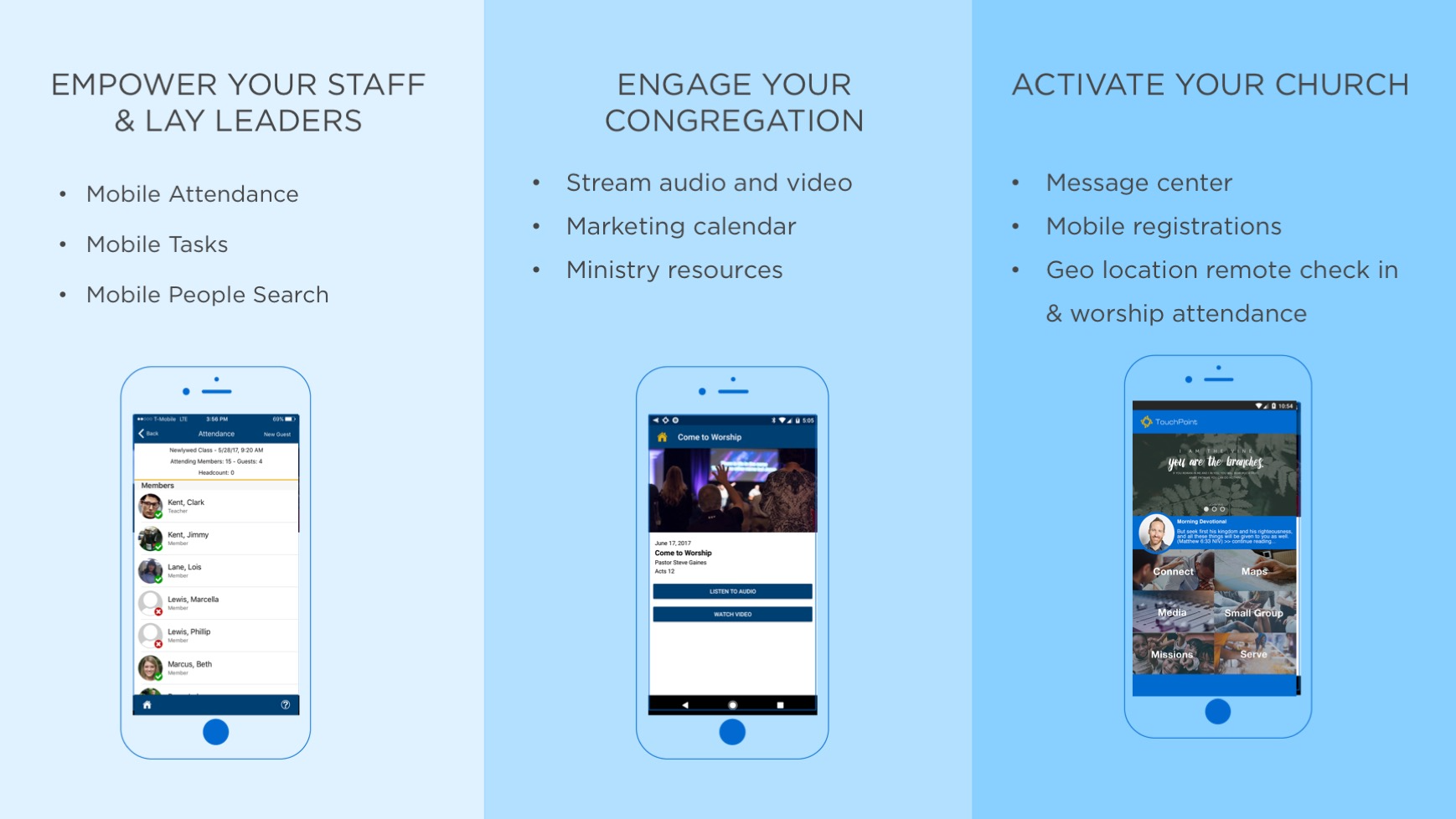 TouchPoint Software - Explore TouchPoint’s mobile capabilities to empower leaders, engage members, and activate your church. Features include mobile attendance, message center, media streaming, geo-location check-in, and ministry tools—perfect for growing, connected churches.